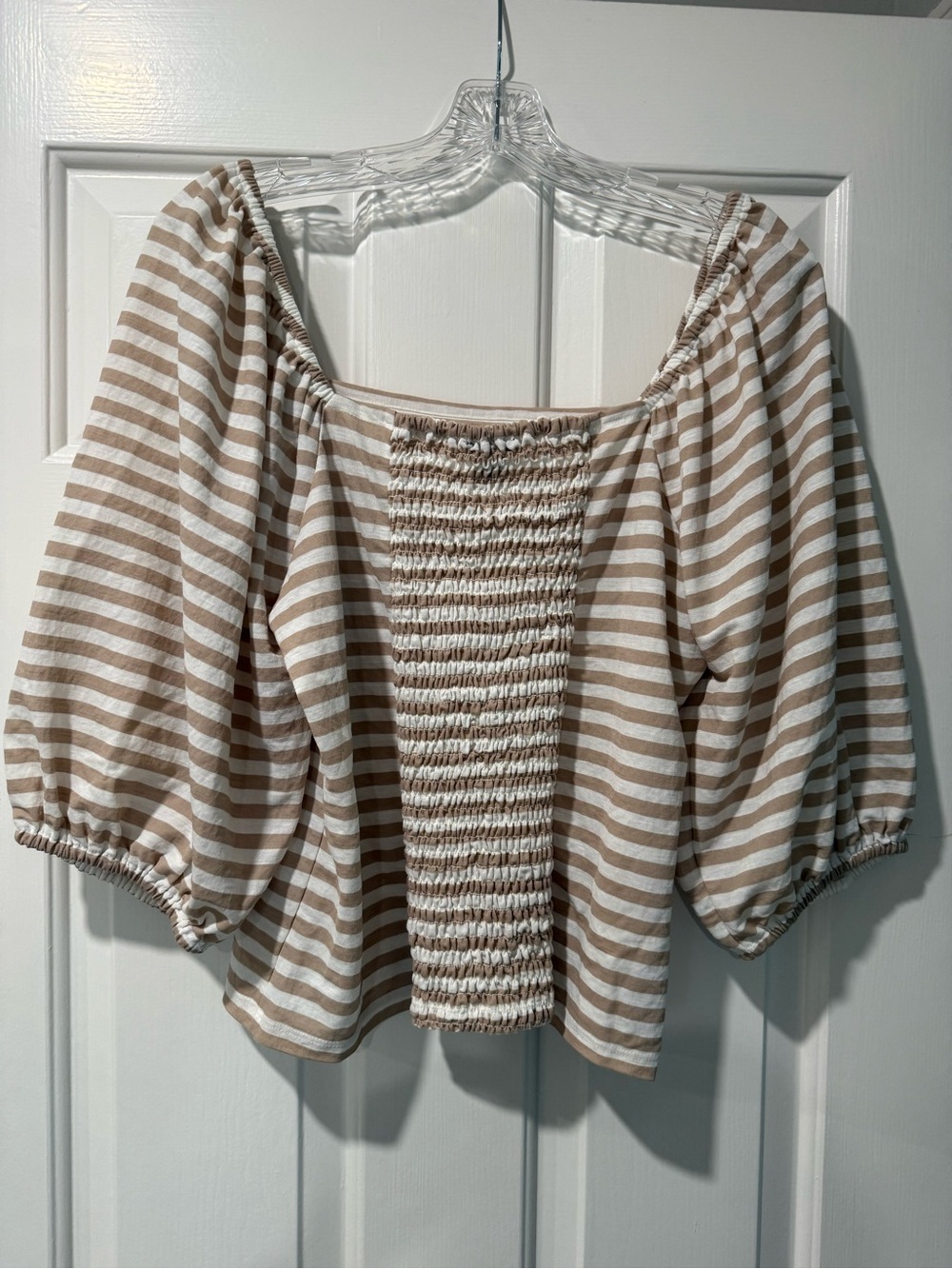 Ann Taylor Beige and White Striped Smocked Puff-Sleeve Top